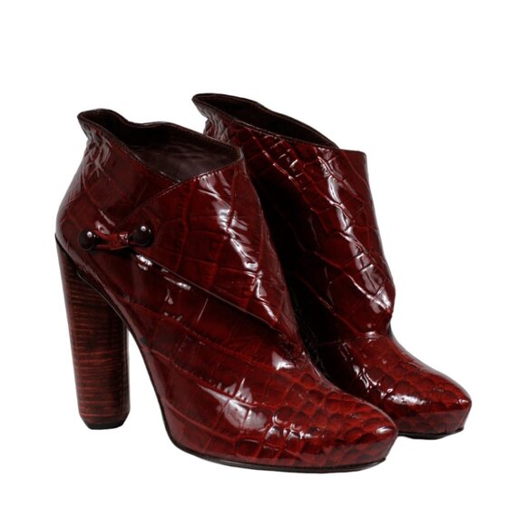 Louis Vuitton Womens Delft Cornelia Booties US 8 EU 38 Red Patent Croc Embossed